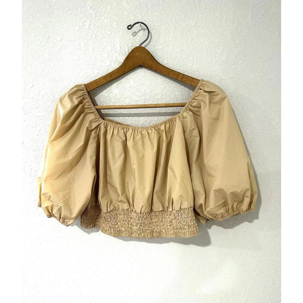 Shein Curve  Beige Crop Top Off Shoulder Sheer Ruffle Quarter Sleeve Women’s 1XL